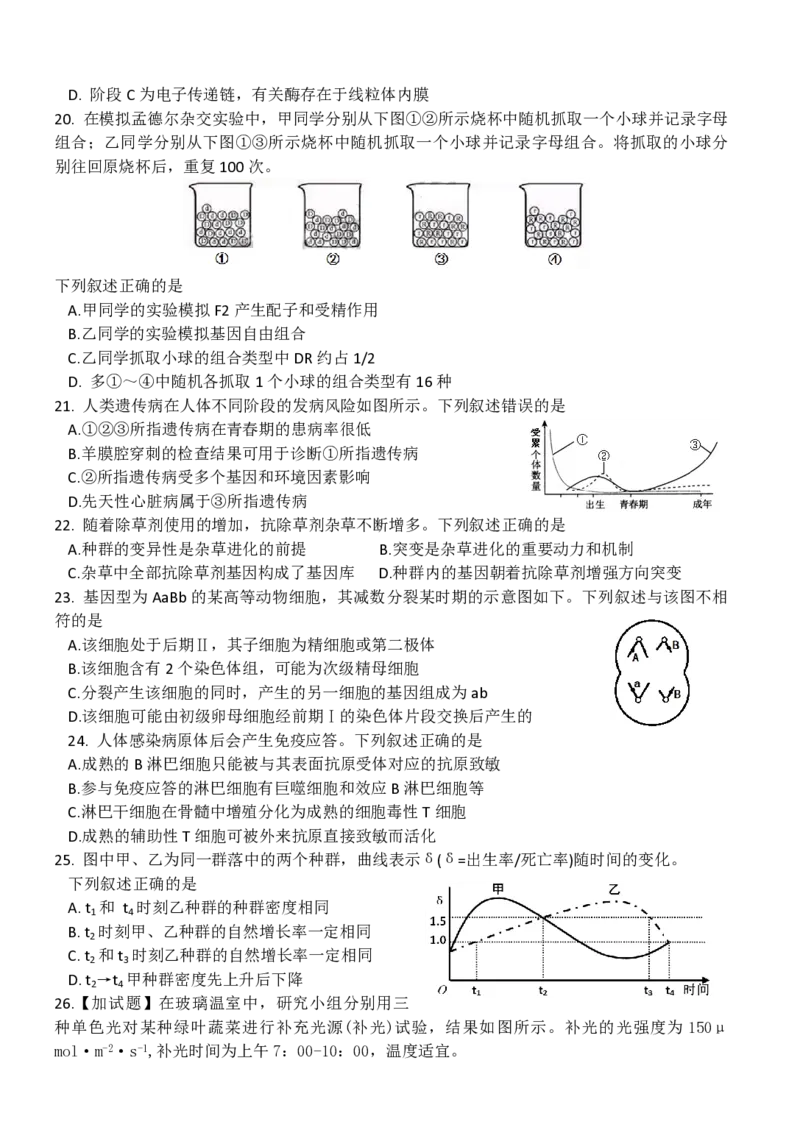 2016年浙江省高考生物10月（原卷版）_全国卷+地方卷_6.生物_1.生物高考真题试卷_2008-2020年_地方卷_浙江高考生物08-21_A4word版_PDF版（赠送）