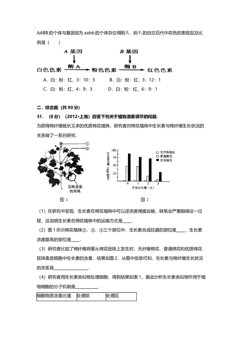 2012年上海市高中毕业统一学业考试生物试卷（原卷版）_全国卷+地方卷_6.生物_1.生物高考真题试卷_2008-2020年_地方卷_上海高考生物真题01-20