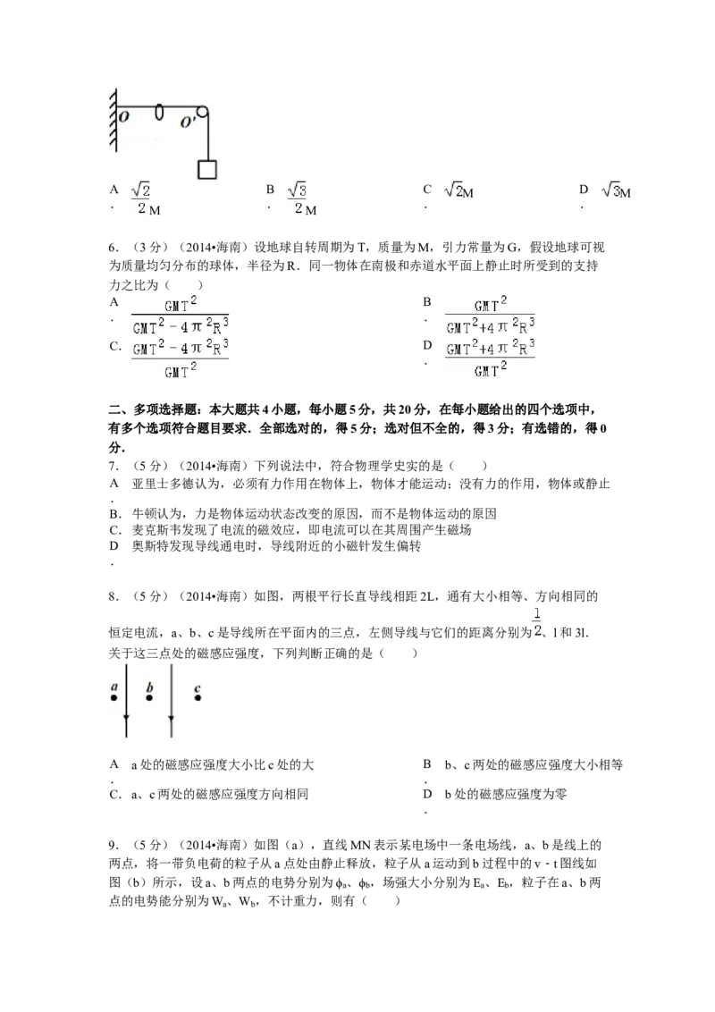 2014年海南高考物理（原卷版）_全国卷+地方卷_4.物理_1.物理高考真题试卷_2008-2020年_地方卷_海南高考物理08-20_A4word版_原卷版（建议只打印原卷版，答案版手机对答案即可）