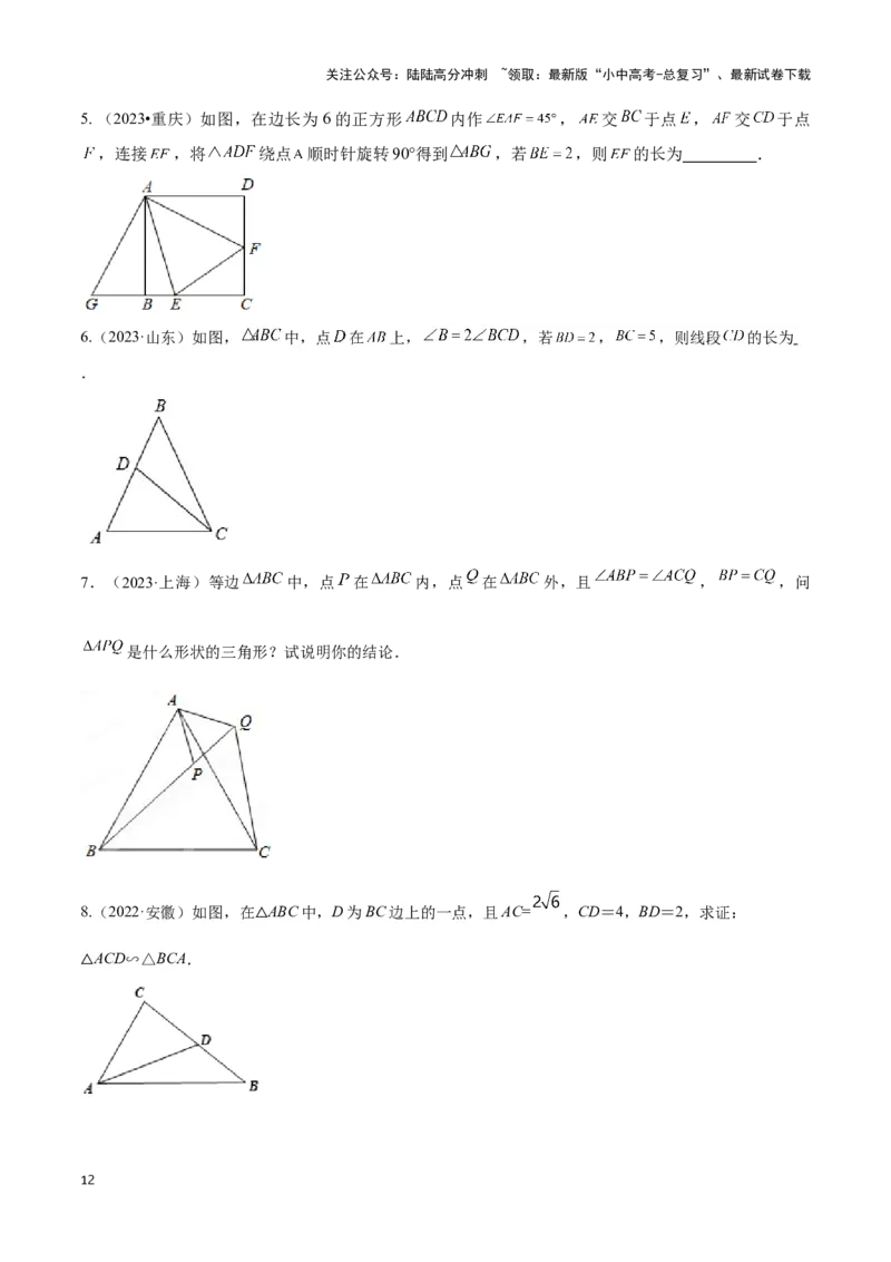 专题06三角形全等、相似及综合应用模型（原卷版）_02中考总复习（2026版更新中）_02-数学-中考总复习_2024年中考复习资料_二轮复习资料_完2024年中考数学解题技巧模板