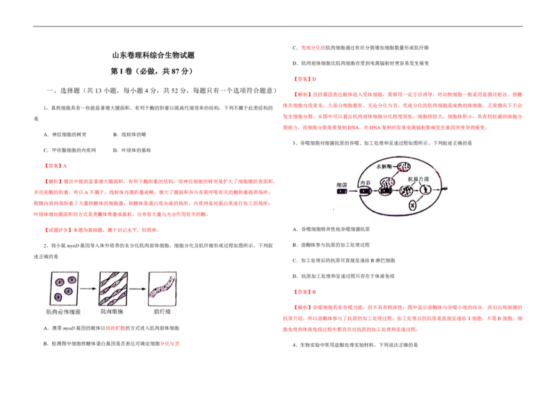2013年高考真题生物（山东卷）（解析版）_全国卷+地方卷_6.生物_1.生物高考真题试卷_2008-2020年_地方卷_山东高考生物08-21_山东高考生物_A3版_pdf版