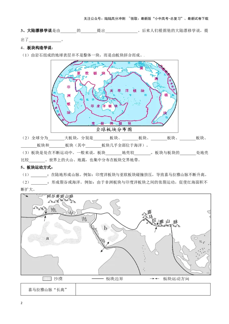 专题05板块构造学说-备战2024年中考地理识图速记手册与变式演练（全国通用）（原卷版）_02中考总复习（2026版更新中）_09-地理-中考总复习_2024年中考复习资料_专项复习资料