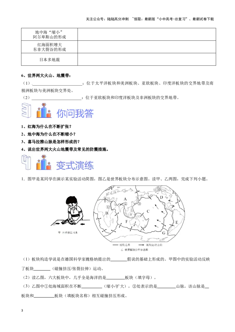 专题05板块构造学说-备战2024年中考地理识图速记手册与变式演练（全国通用）（原卷版）_02中考总复习（2026版更新中）_09-地理-中考总复习_2024年中考复习资料_专项复习资料