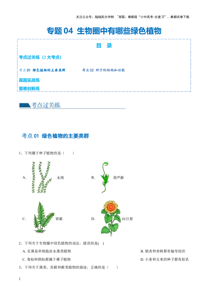专题04生物圈中有哪些绿色植物（练习）（原卷版）_02中考总复习（2026版更新中）_08-生物-中考总复习_2024年中考复习资料_一轮复习_❤2024年中考生物一轮复习讲练测（全国通用）_练习