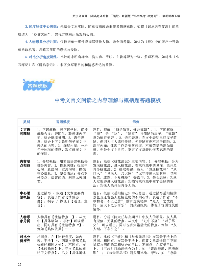 专题05：文言文阅读之内容理解与概括(讲义）原卷版_02中考总复习（2026版更新中）_01-语文-中考总复习_2026年中考复习（更新中）
