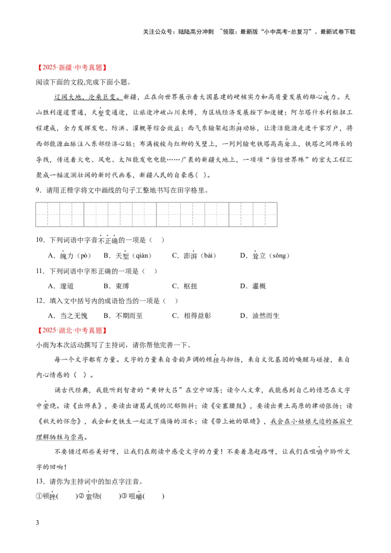 专题06基础知识综合（全国通用）（原卷版）_02中考总复习（2026版更新中）_01-语文-中考总复习_2026年中考复习（更新中）