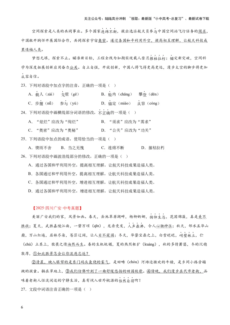 专题06基础知识综合（全国通用）（原卷版）_02中考总复习（2026版更新中）_01-语文-中考总复习_2026年中考复习（更新中）