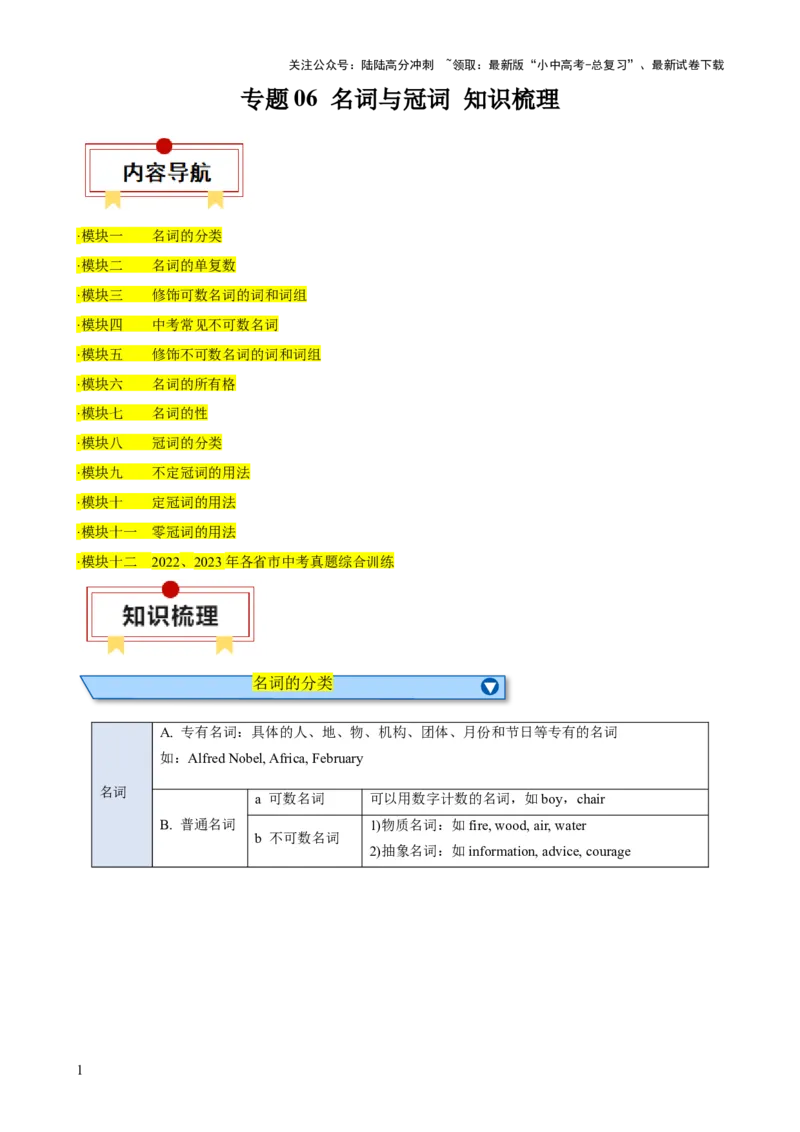 专题06名词与冠词知识梳理-口袋书2024年中考英语一轮复习知识清单（全国通用）（原卷版）_02中考总复习（2026版更新中）_03-英语-中考总复习_2024年中考复习资料_一轮复习