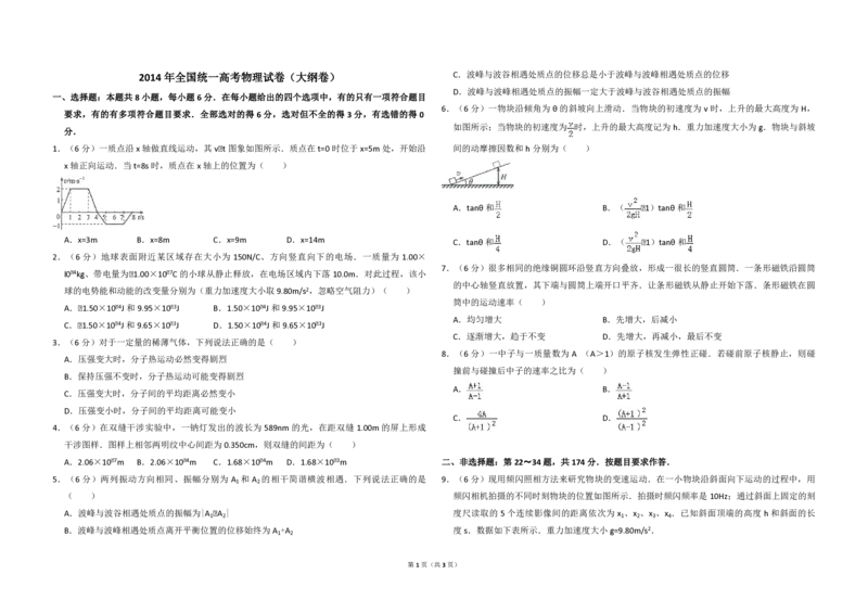 2014年全国统一高考物理试卷（大纲卷）（原卷版）_全国卷+地方卷_4.物理_1.物理高考真题试卷_2008-2020年_全国卷物理_全国统一高考物理（新课标ⅱ）08-21_A3word版_PDF版（赠送）