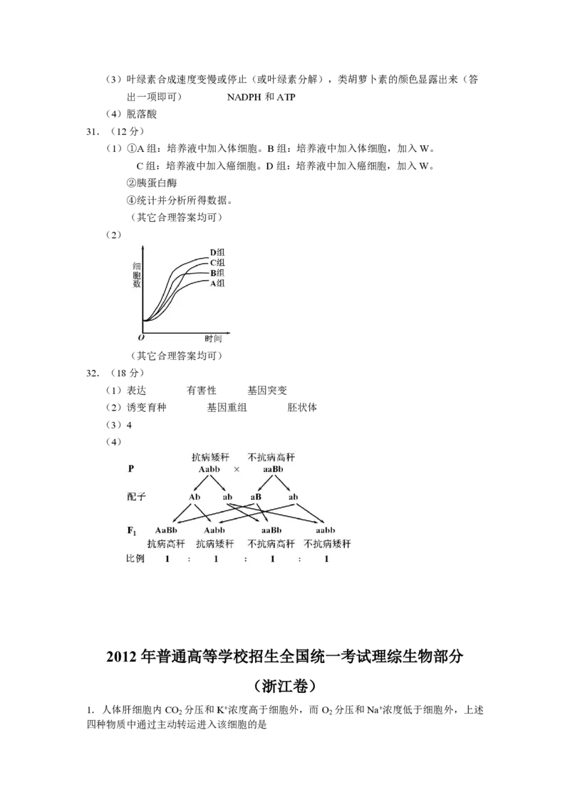 2012年浙江省高考生物（解析版）_全国卷+地方卷_6.生物_1.生物高考真题试卷_2008-2020年_地方卷_浙江高考生物08-21_A4word版_PDF版（赠送）