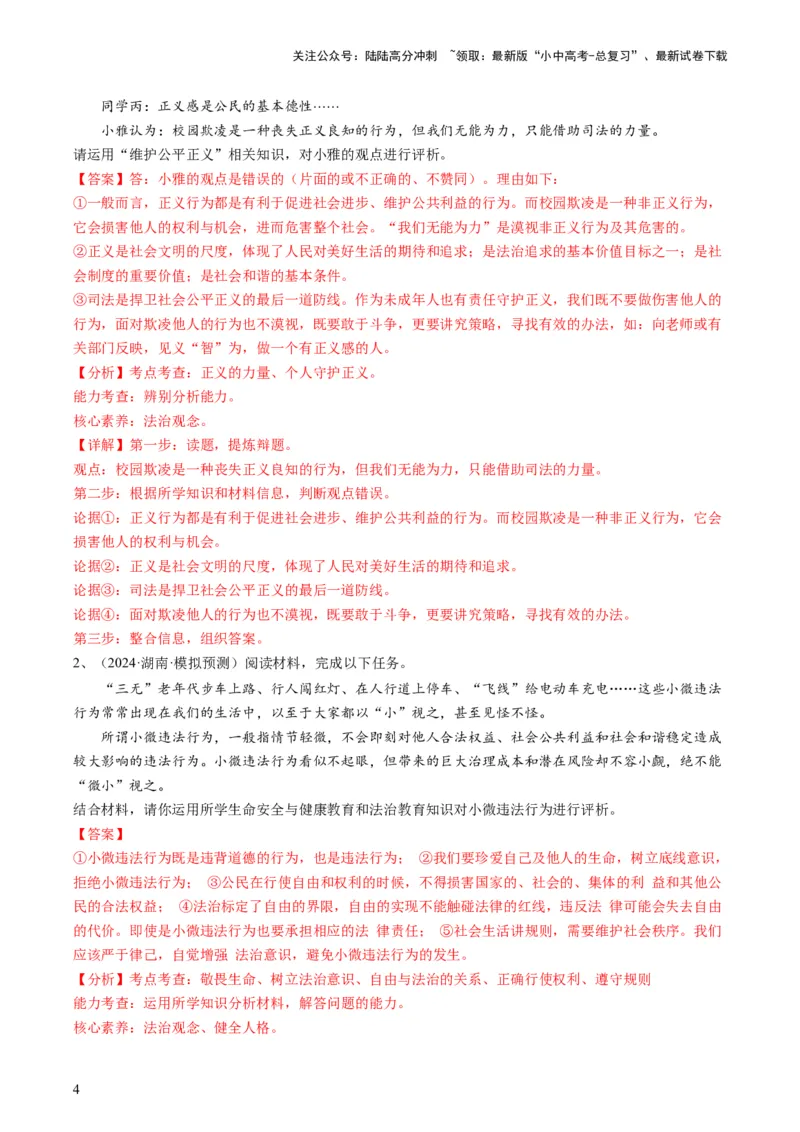 专题04评析题（查补能力&middot;提升练）（解析版）_02中考总复习（2026版更新中）_07-道法-中考总复习_2024年中考复习资料_三轮复习_查补能力&middot;提升练
