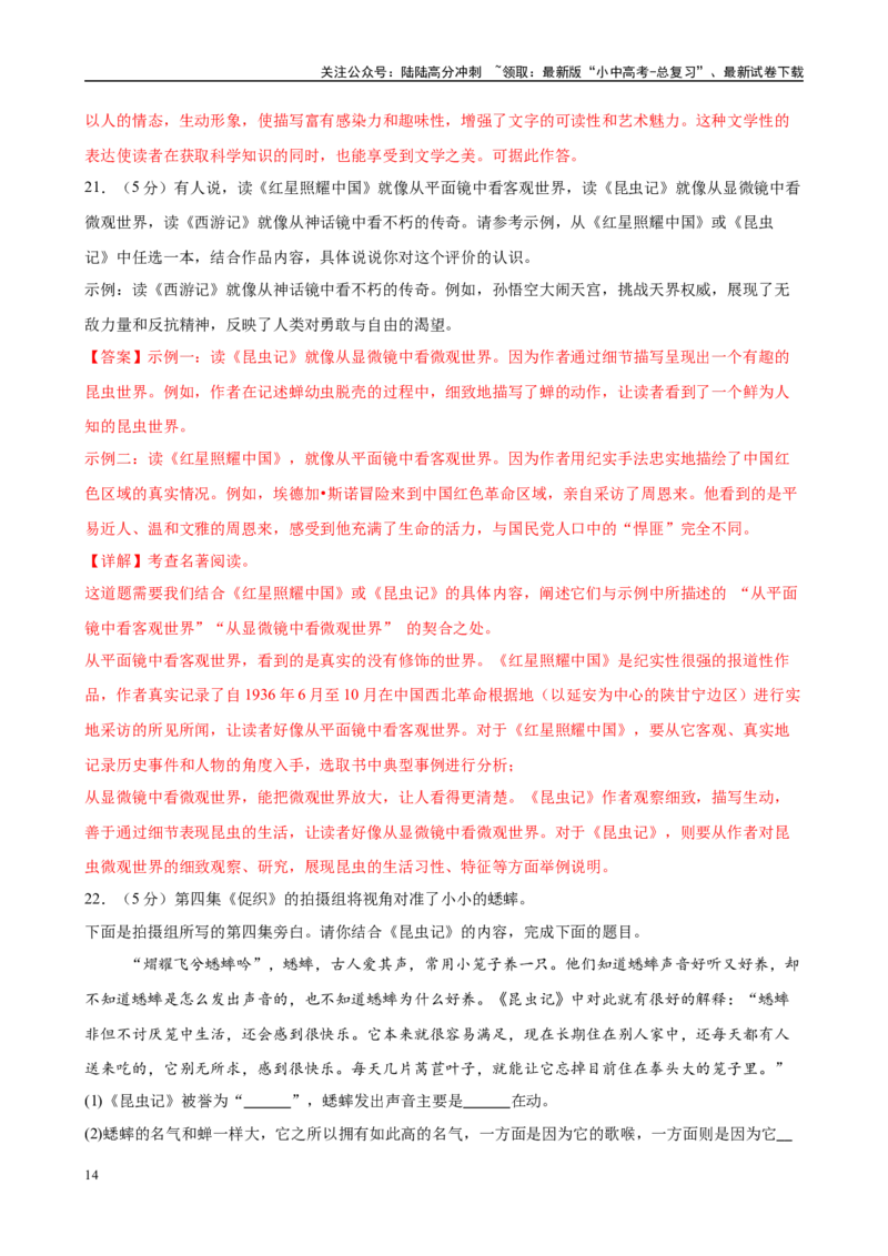 专题06《昆虫记》-2025年中考语文名著导读分层闯关训练（解析版）_02中考总复习（2026版更新中）_01-语文-中考总复习_2025年中考资料_2025年中考语文名著导读分层闯关训练