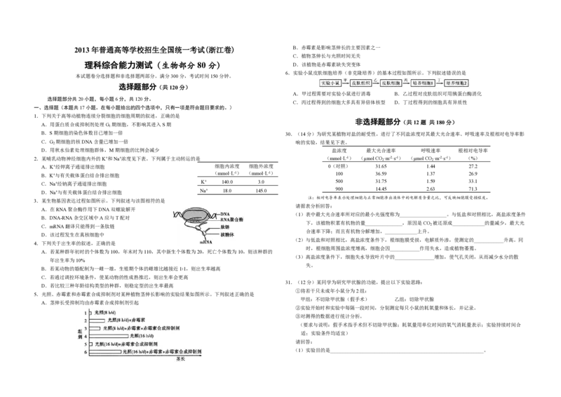 2013年浙江省高考生物（原卷版）_全国卷+地方卷_6.生物_1.生物高考真题试卷_2008-2020年_地方卷_浙江高考生物08-21_A3word版_PDF版（赠送）