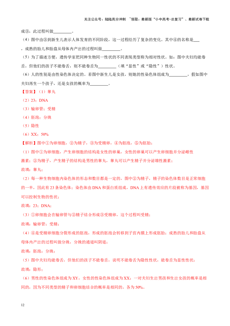 专题05&nbsp;人的由来（解析版）_02中考总复习（2026版更新中）_08-生物-中考总复习_2024年中考复习资料_专项复习_完三年（2021-2023）中考生物真题分项汇编（全国通用）_答案解析版