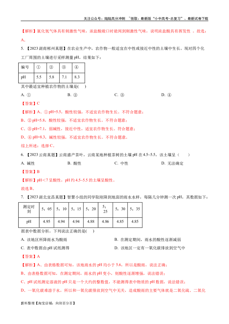 专题08常见的酸和碱（解析版）_02中考总复习（2026版更新中）_05-化学-中考总复习_2024年中考复习资料_专项复习资料_完三年（2021-2023）中考化学真题分项汇编（全国通用）