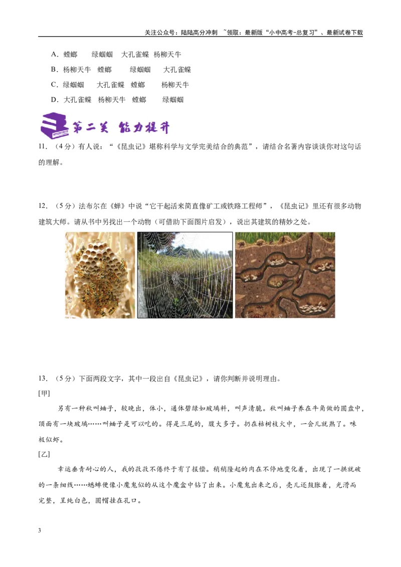 专题06《昆虫记》-2025年中考语文名著导读分层闯关训练（原卷版）_02中考总复习（2026版更新中）_01-语文-中考总复习_2025年中考资料_2025年中考语文名著导读分层闯关训练