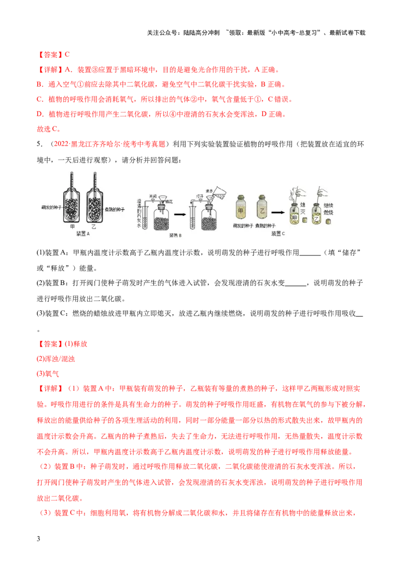 专题08绿色植物的呼吸作用（解析版）_02中考总复习（2026版更新中）_08-生物-中考总复习_2024年中考复习资料_一轮复习_❤备战2024年中考生物一轮复习考点帮（全国通用）_练习