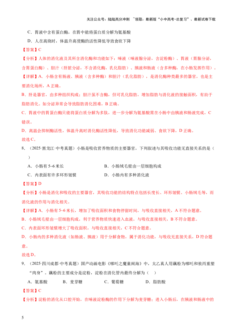 专题05人体的营养和呼吸（全国通用）（解析版）_02中考总复习（2026版更新中）_08-生物-中考总复习_2026年中考复习（更新中）