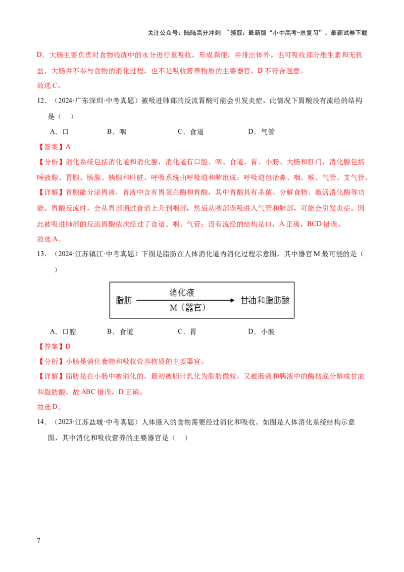 专题05人体的营养和呼吸（全国通用）（解析版）_02中考总复习（2026版更新中）_08-生物-中考总复习_2026年中考复习（更新中）