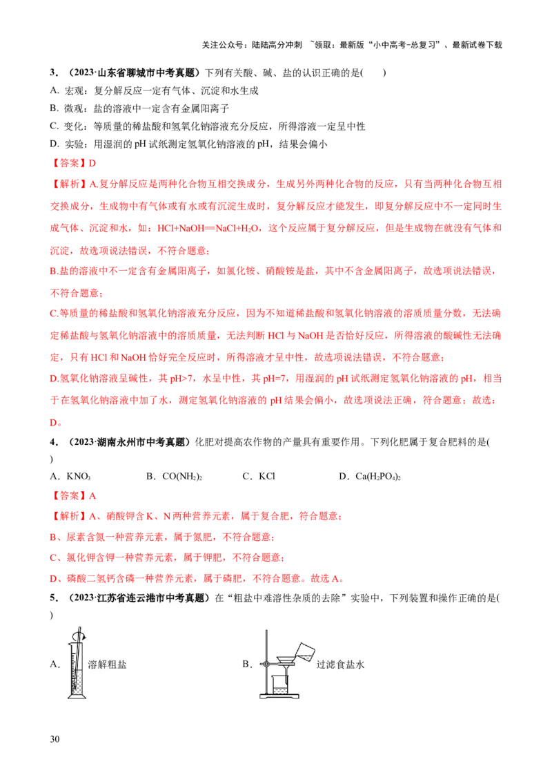 专题08盐化肥（练习）-2024年中考化学一轮复习讲练测（全国通用）（解析版）_02中考总复习（2026版更新中）_05-化学-中考总复习_2024年中考复习资料_一轮复习资料