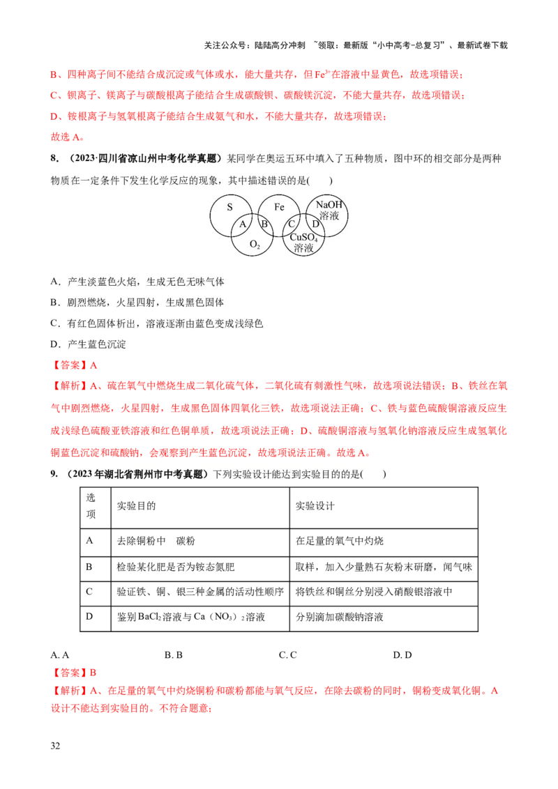 专题08盐化肥（练习）-2024年中考化学一轮复习讲练测（全国通用）（解析版）_02中考总复习（2026版更新中）_05-化学-中考总复习_2024年中考复习资料_一轮复习资料