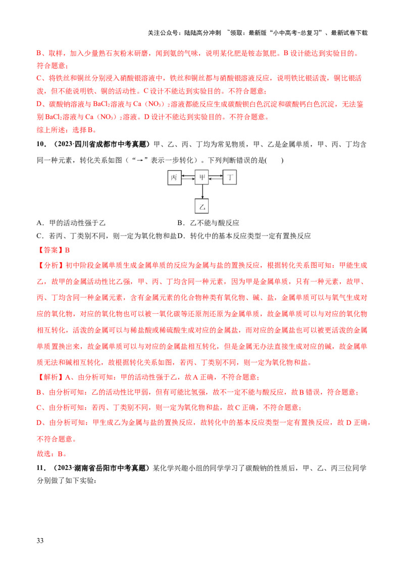 专题08盐化肥（练习）-2024年中考化学一轮复习讲练测（全国通用）（解析版）_02中考总复习（2026版更新中）_05-化学-中考总复习_2024年中考复习资料_一轮复习资料