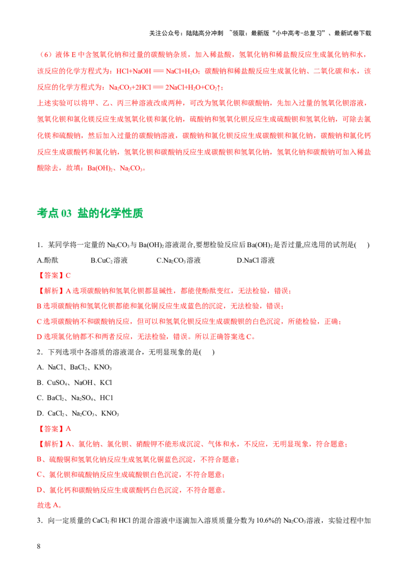 专题08盐化肥（练习）-2024年中考化学一轮复习讲练测（全国通用）（解析版）_02中考总复习（2026版更新中）_05-化学-中考总复习_2024年中考复习资料_一轮复习资料