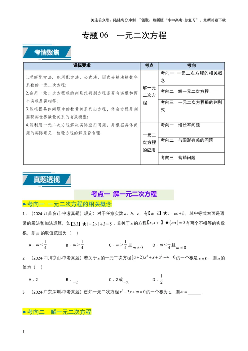 专题06一元二次方程（原卷版）_02中考总复习（2026版更新中）_02-数学-中考总复习_2025中考复习资料_备战2025年中考数学真题题源解密（全国通用）