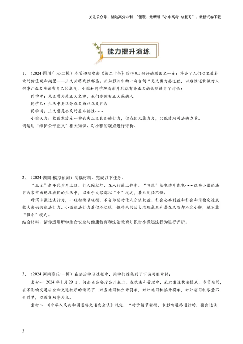 专题04评析题（查补能力&middot;提升练）（原卷版）_02中考总复习（2026版更新中）_07-道法-中考总复习_2024年中考复习资料_三轮复习_查补能力&middot;提升练