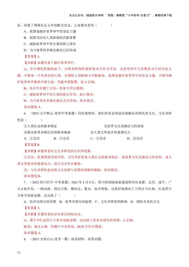 专题05我们共同的世界（练习）（解析版）_02中考总复习（2026版更新中）_07-道法-中考总复习_2024年中考复习资料_一轮复习_2024年中考道德与法治一轮复习讲练测（全国通用）