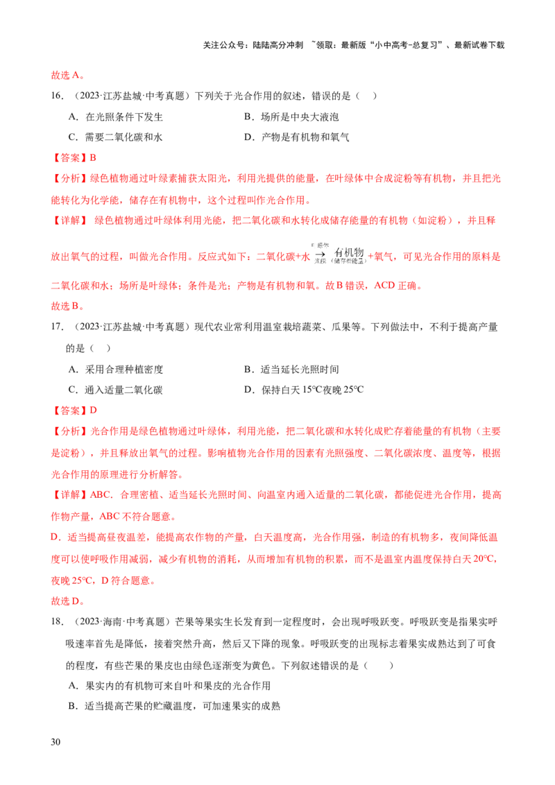 专题04绿色植物的作用（全国通用）（解析版）_02中考总复习（2026版更新中）_08-生物-中考总复习_2026年中考复习（更新中）