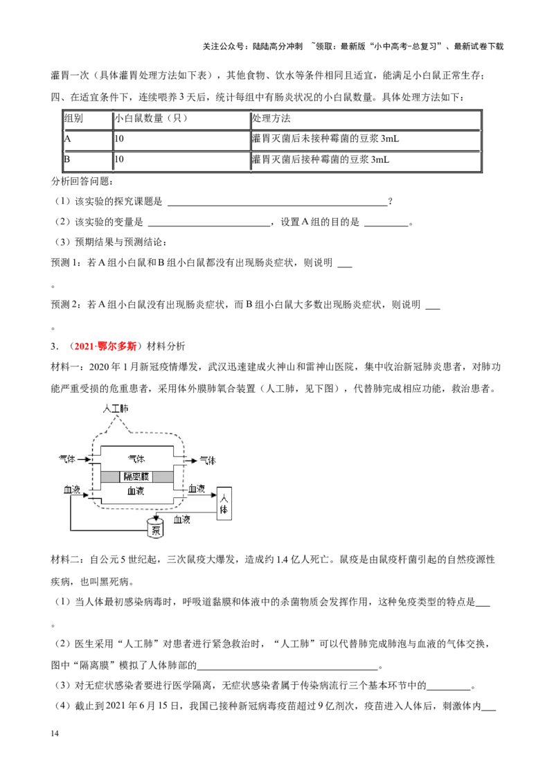 专题06&nbsp;人体的营养和呼吸（原卷版）_02中考总复习（2026版更新中）_08-生物-中考总复习_2024年中考复习资料_专项复习_完三年（2021-2023）中考生物真题分项汇编（全国通用）