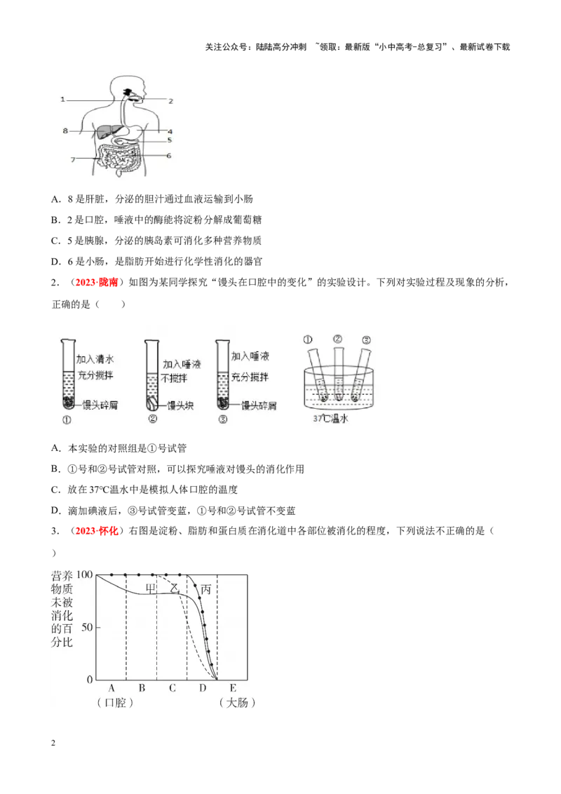 专题06&nbsp;人体的营养和呼吸（原卷版）_02中考总复习（2026版更新中）_08-生物-中考总复习_2024年中考复习资料_专项复习_完三年（2021-2023）中考生物真题分项汇编（全国通用）