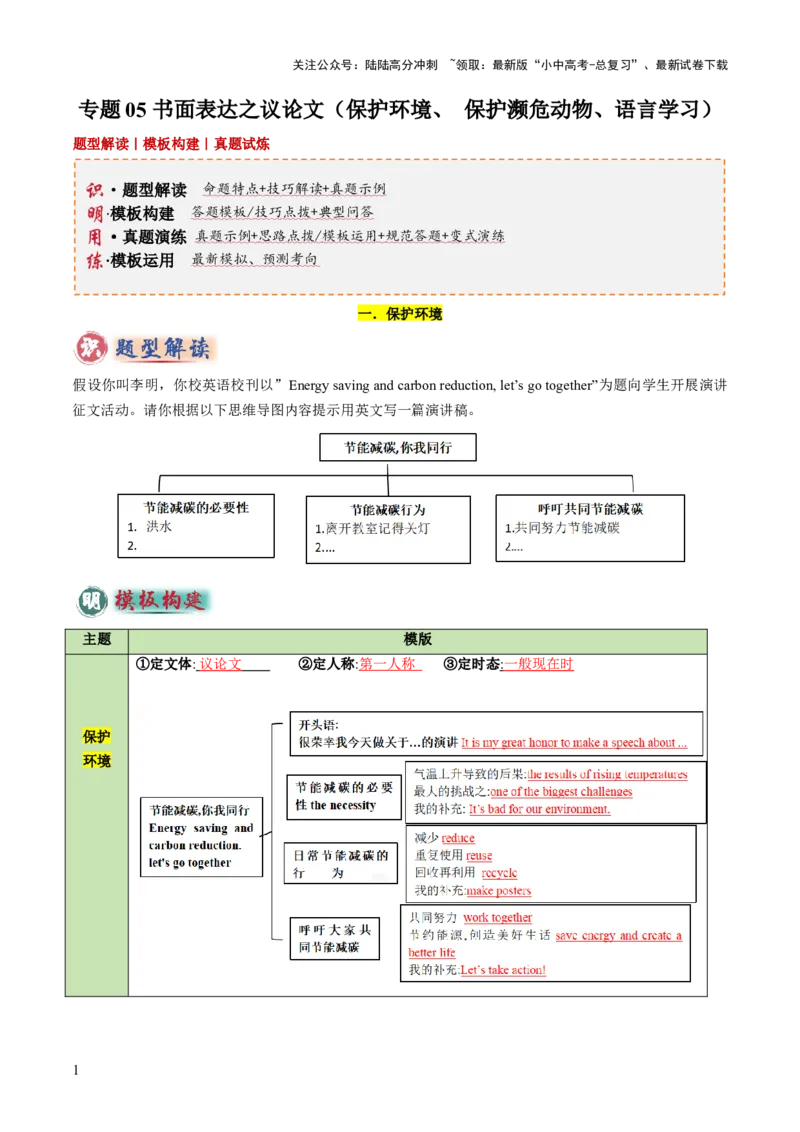 专题05书面表达之议论文（保护环境、保护濒危动物、语言学习）（答题模板）（原卷版）_02中考总复习（2026版更新中）_03-英语-中考总复习_2025中考复习资料_2025年中考英语答题方法模板