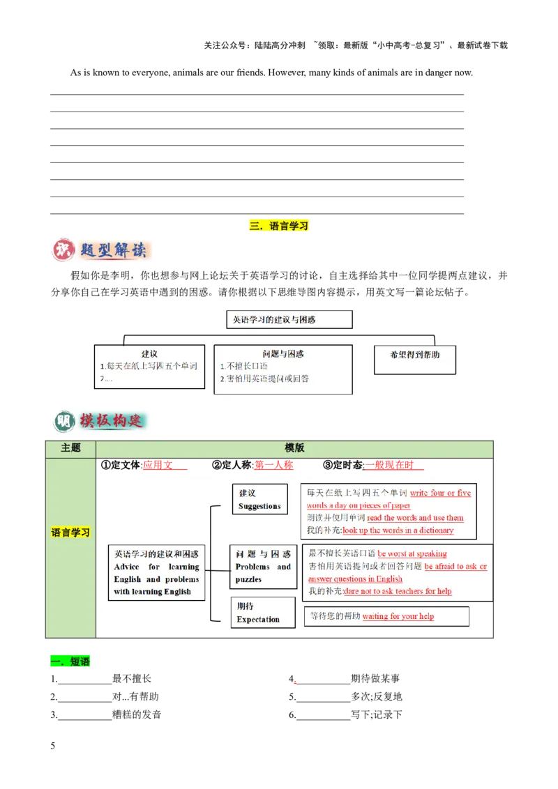 专题05书面表达之议论文（保护环境、保护濒危动物、语言学习）（答题模板）（原卷版）_02中考总复习（2026版更新中）_03-英语-中考总复习_2025中考复习资料_2025年中考英语答题方法模板