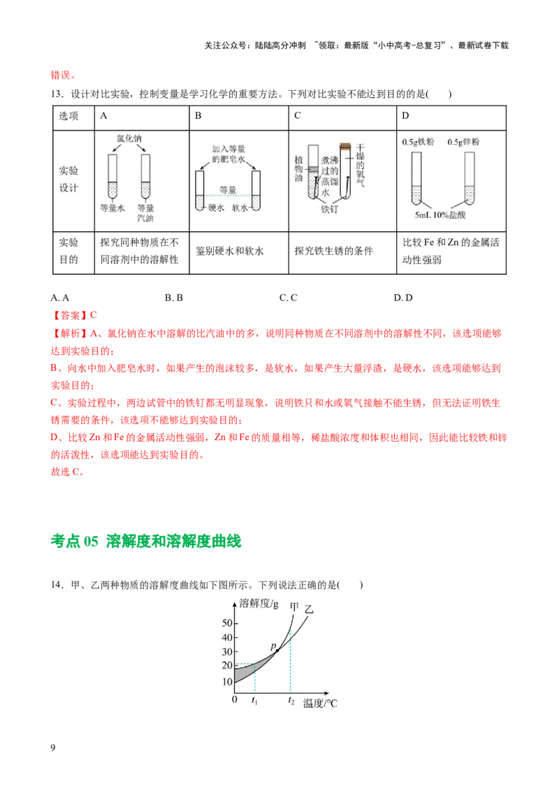 专题05水和溶液（练习）-2024年中考化学一轮复习讲练测（全国通用）（解析版）_02中考总复习（2026版更新中）_05-化学-中考总复习_2024年中考复习资料_一轮复习资料