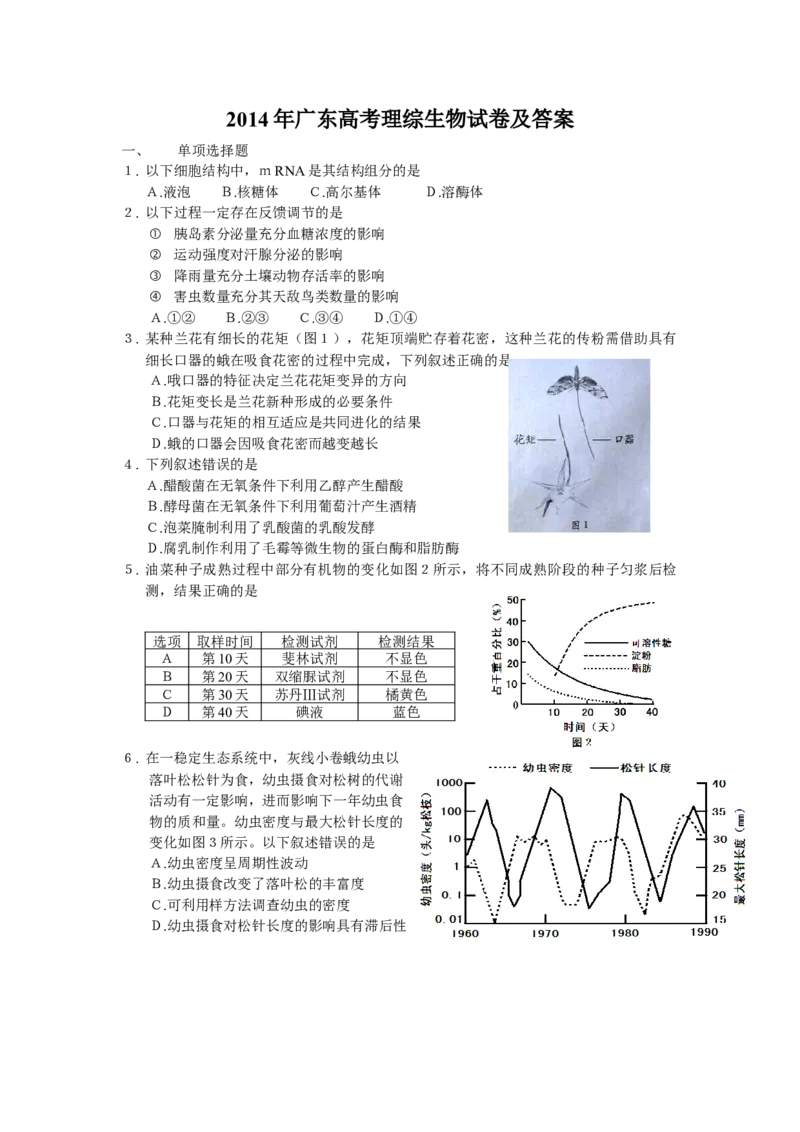 2014广东高考理综生物试卷及答案_全国卷+地方卷_6.生物_1.生物高考真题试卷_2008-2020年_地方卷_广东高考生物08-20