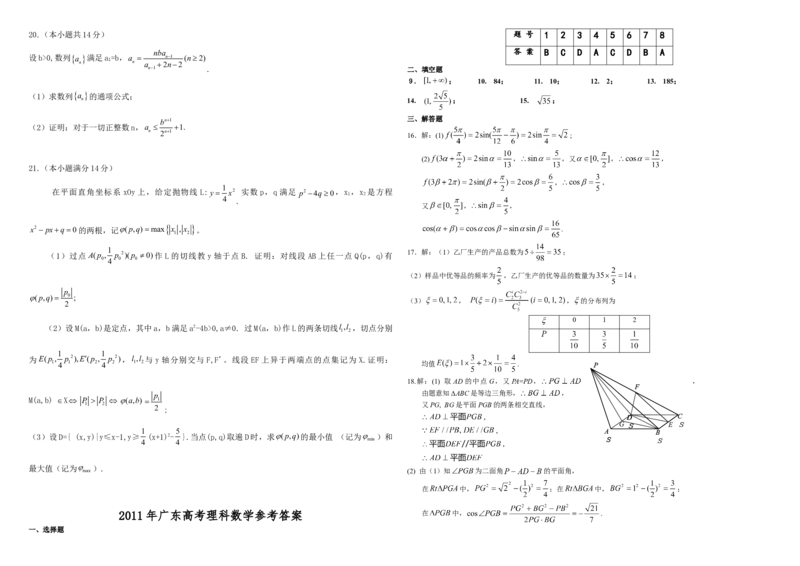 2011年广东高考（理科）数学试题及答案_全国卷+地方卷_2.数学_1.数学高考真题试卷_2008-2020年_地方卷_广东高科数学（理+文）08-22_A3Word版