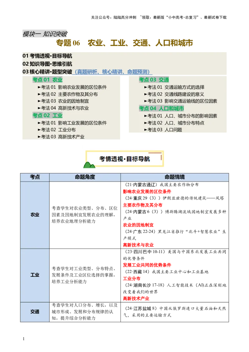 专题06农业、工业、交通、人口和城市（讲练）（原卷版）_02中考总复习（2026版更新中）_09-地理-中考总复习_2025中考地理复习资料_2025中考二轮课件ppt+讲义+练习地理_讲义+练习