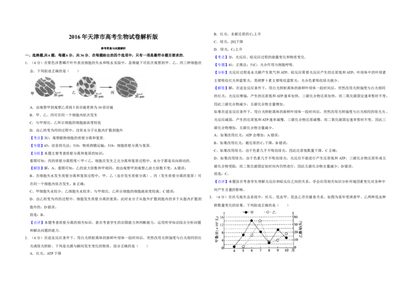 2016年天津市高考生物试卷解析版_全国卷+地方卷_6.生物_1.生物高考真题试卷_2008-2020年_地方卷_天津高考生物07-21_A3word版