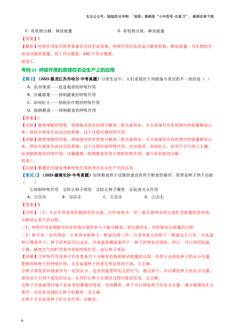 专题08绿色植物的呼吸作用（讲义）（解析版）_02中考总复习（2026版更新中）_08-生物-中考总复习_2024年中考复习资料_一轮复习_❤2024年中考生物一轮复习讲练测（全国通用）_讲义