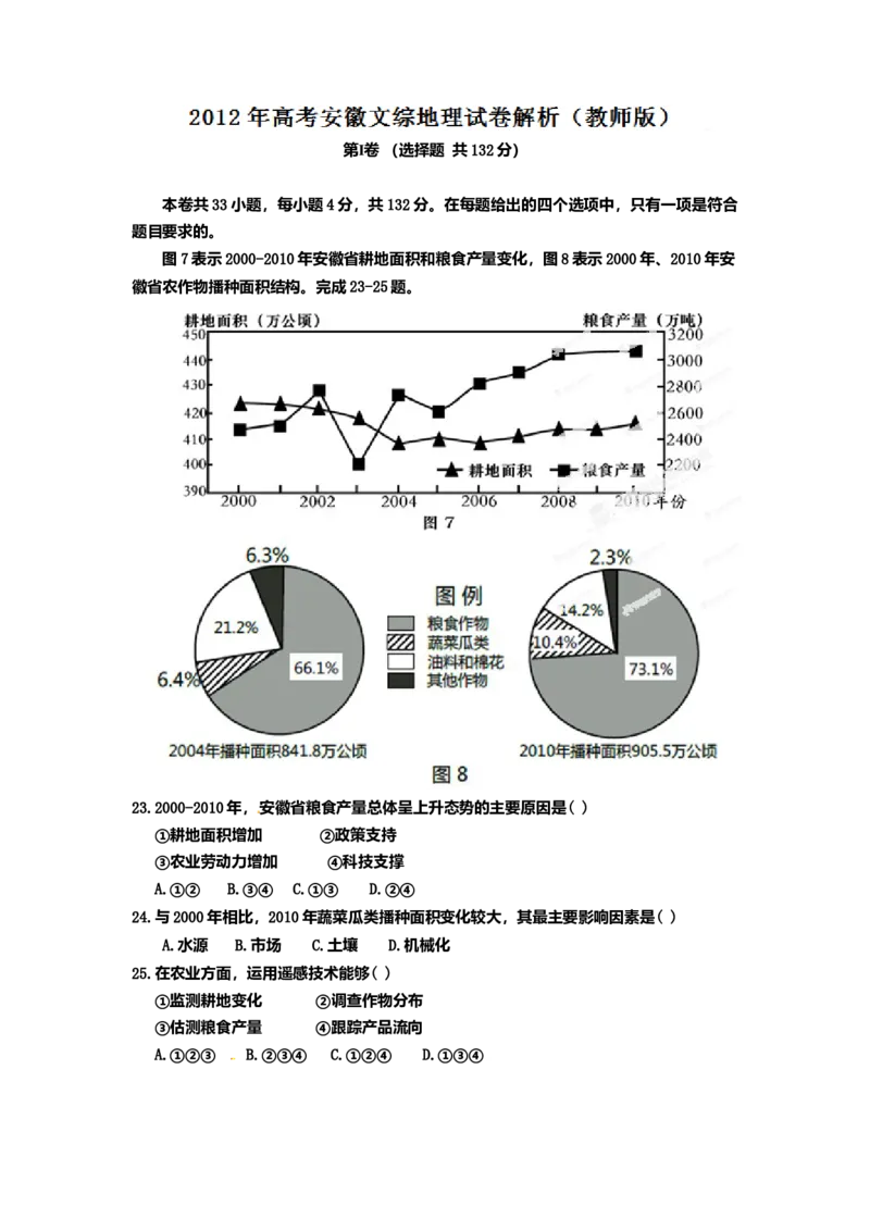 2012年高考安徽卷（文综地理部分）（答案）_全国卷+地方卷_8.地理_1.地理高考真题试卷_2008-2020年_地方卷_安徽高考地理08-20
