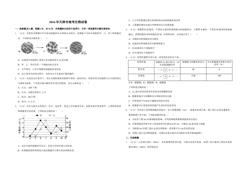 2016年天津市高考生物试卷_全国卷+地方卷_6.生物_1.生物高考真题试卷_2008-2020年_地方卷_天津高考生物07-21_A3word版