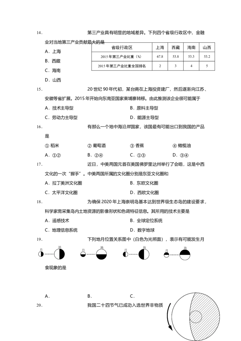 2017年上海市高中毕业统一学业考试地理试卷（原卷版）_全国卷+地方卷_8.地理_1.地理高考真题试卷_2008-2020年_地方卷_上海高考地理真题03,05-20