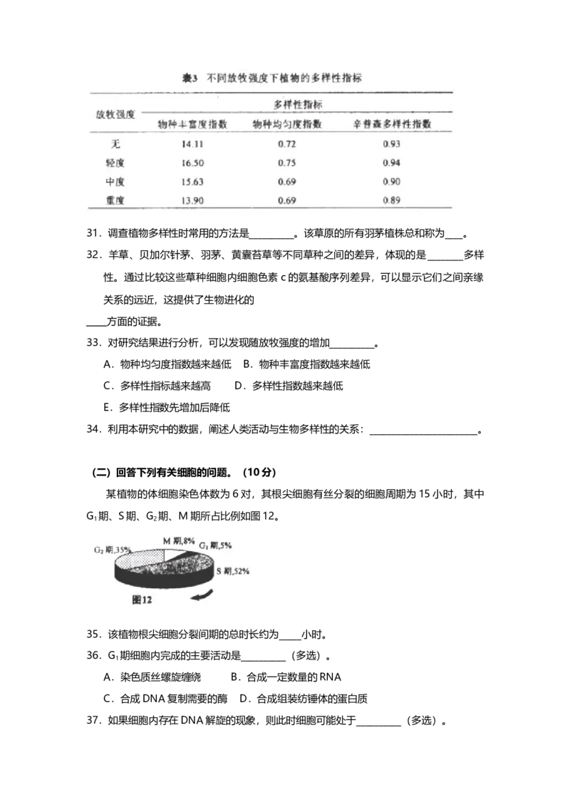 2013年上海市高中毕业统一学业考试生物试卷（原卷版）_全国卷+地方卷_6.生物_1.生物高考真题试卷_2008-2020年_地方卷_上海高考生物真题01-20