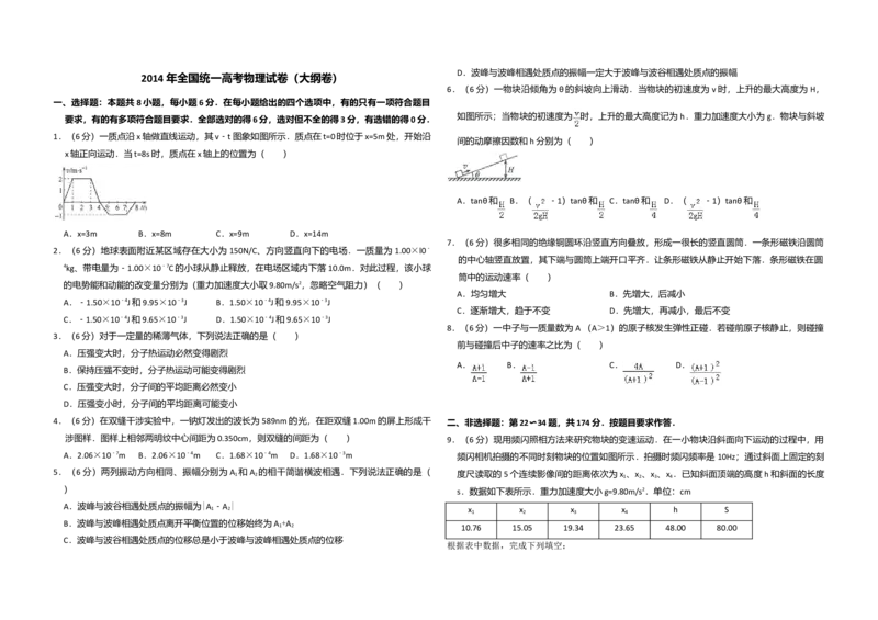 2014年全国统一高考物理试卷（大纲卷）（解析版）_全国卷+地方卷_4.物理_1.物理高考真题试卷_2008-2020年_全国卷物理_全国统一高考物理（新课标ⅰ）08-21_A3word版