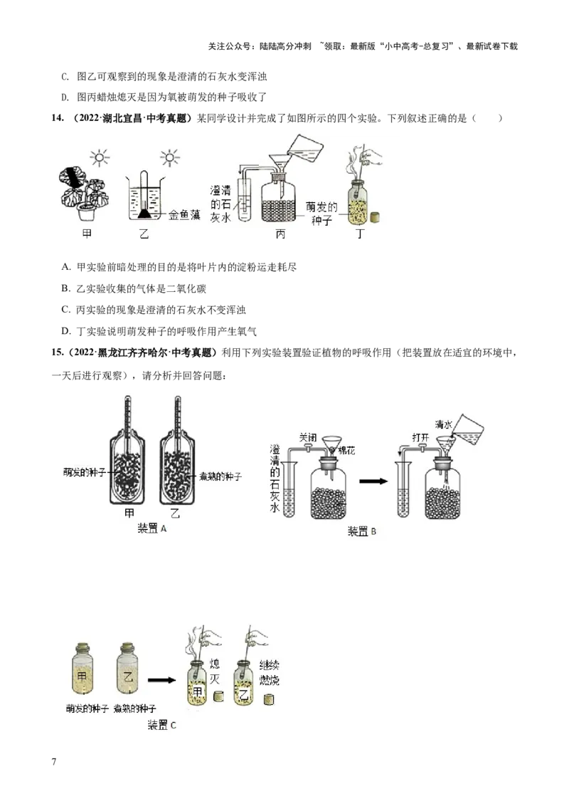 专题08绿色植物的呼吸作用（练习）（原卷版）_02中考总复习（2026版更新中）_08-生物-中考总复习_2024年中考复习资料_一轮复习_❤2024年中考生物一轮复习讲练测（全国通用）_练习