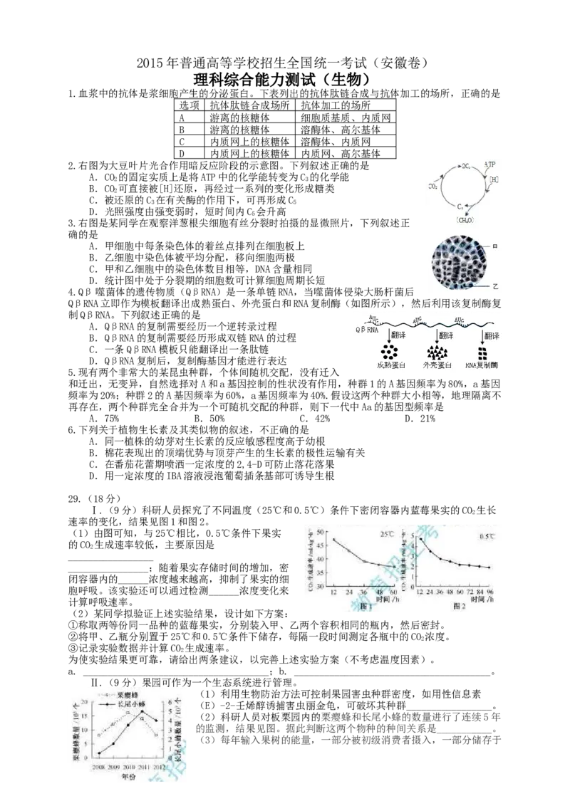 2015年安徽高考生物真题及答案_全国卷+地方卷_6.生物_1.生物高考真题试卷_2008-2020年_地方卷_安徽高考生物08-20