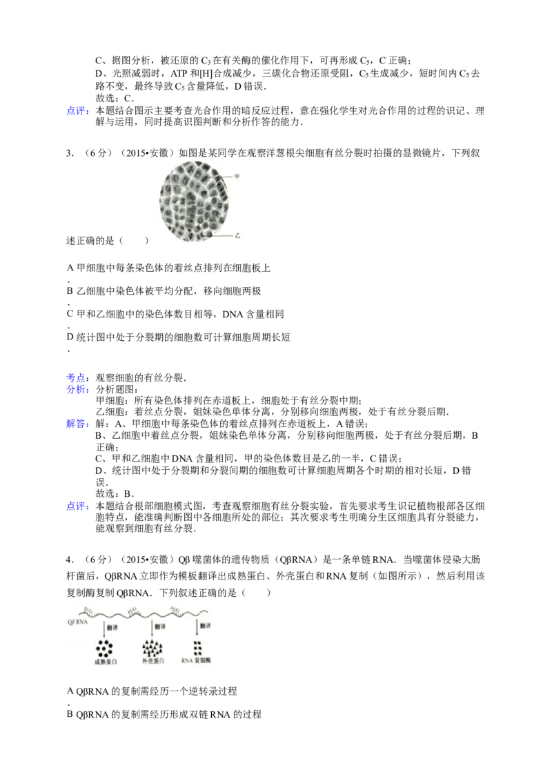 2015年安徽高考生物真题及答案_全国卷+地方卷_6.生物_1.生物高考真题试卷_2008-2020年_地方卷_安徽高考生物08-20