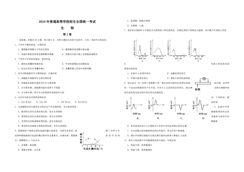 2010年高考海南卷生物（原卷版）_全国卷+地方卷_6.生物_1.生物高考真题试卷_2008-2020年_地方卷_海南高考生物08-20_A3word版_PDF版（赠送）